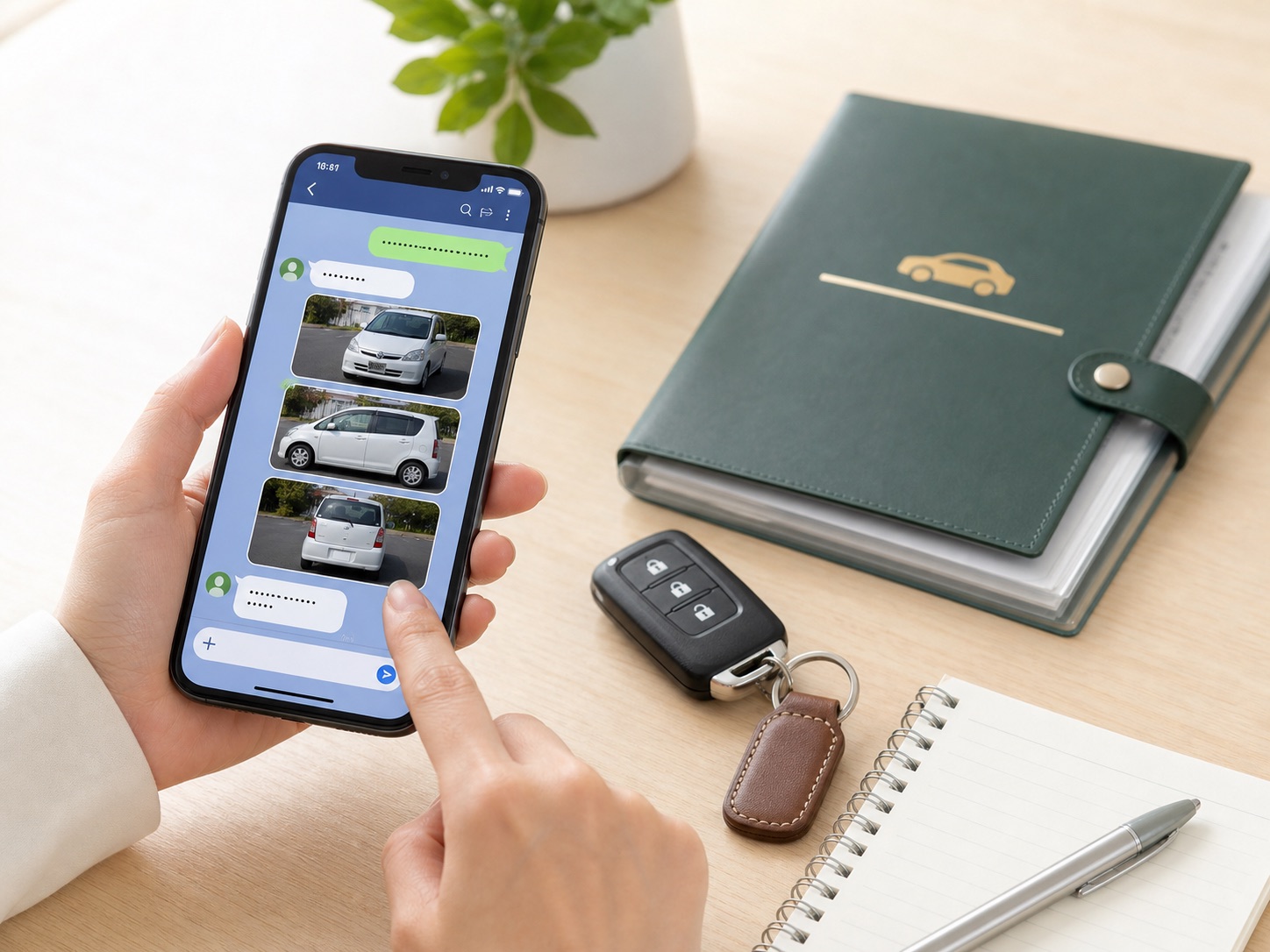 スマートフォンで車の写真を送って相談するイメージ