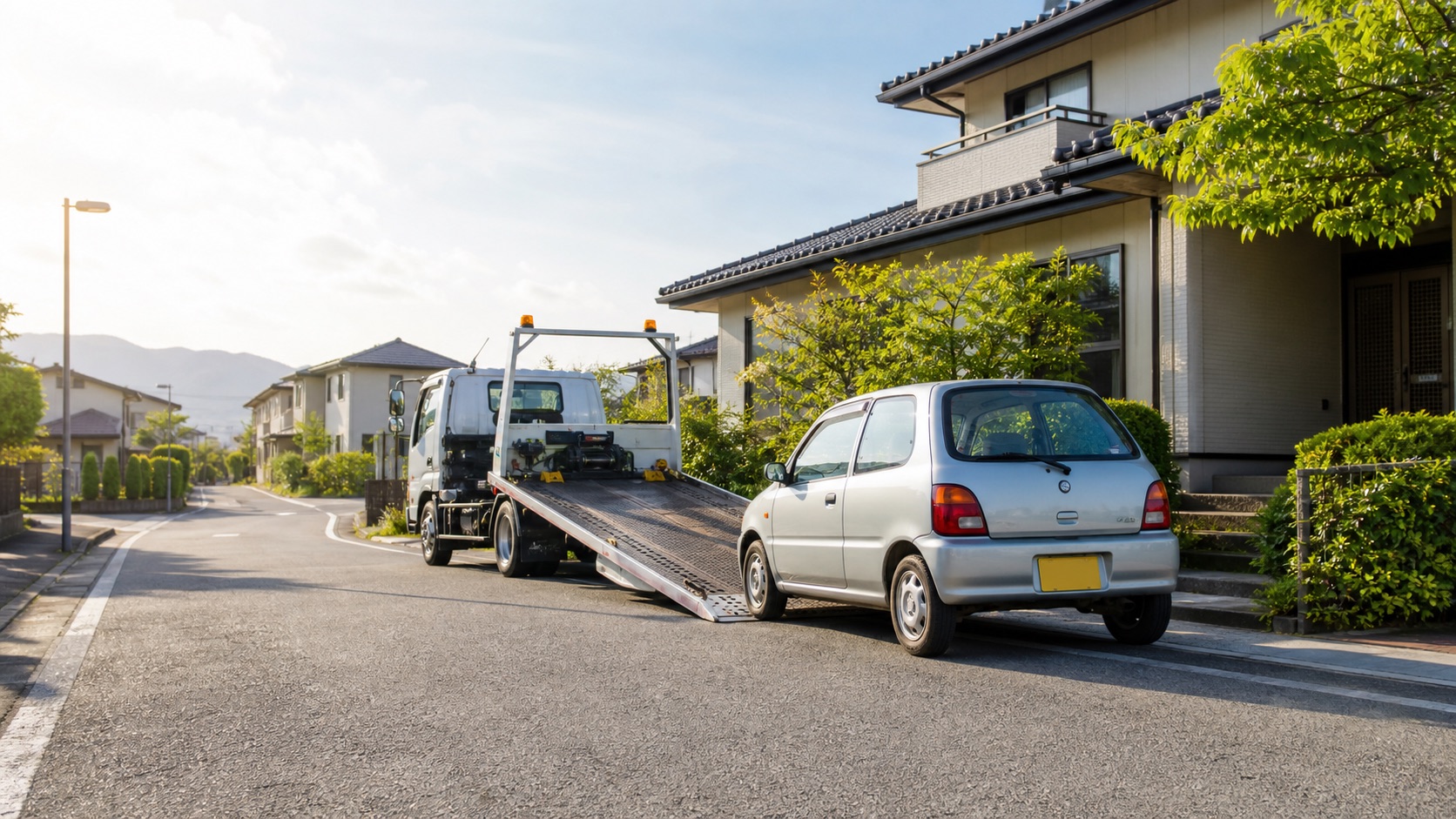 住宅地で廃車引き取りを案内する積載車のイメージ